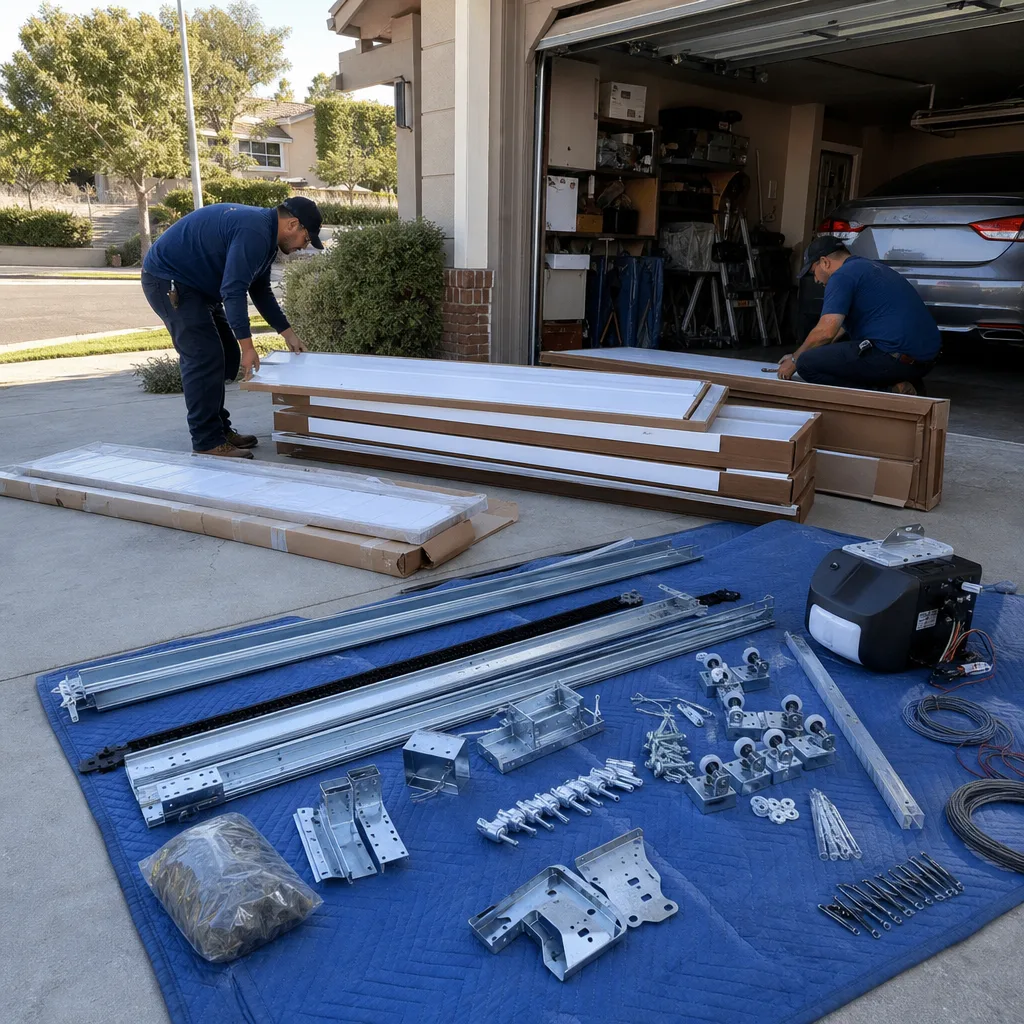 Two technicians organizing parts and panels for a garage door installation