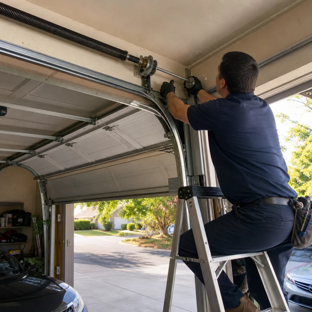 Technician performing professional garage door spring repair and maintenance.