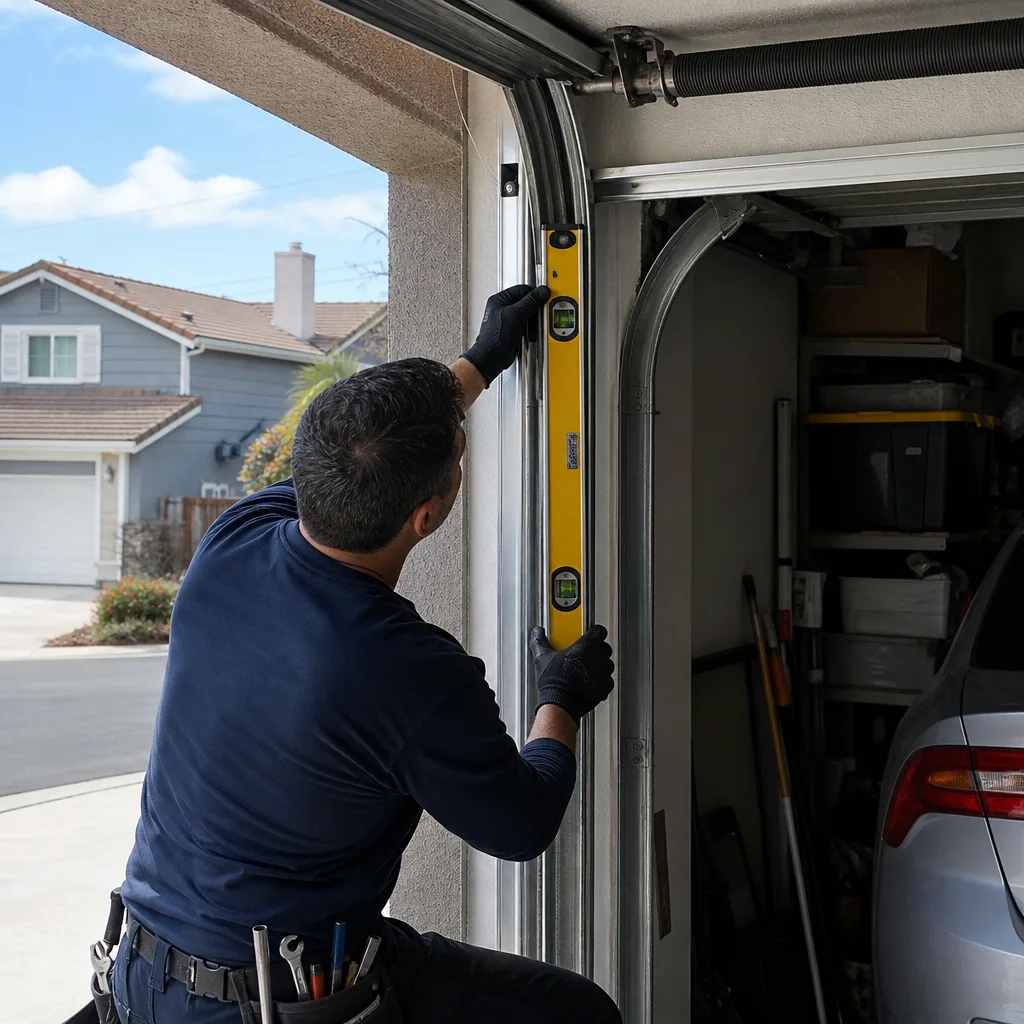Technician checking garage door track alignment with a level