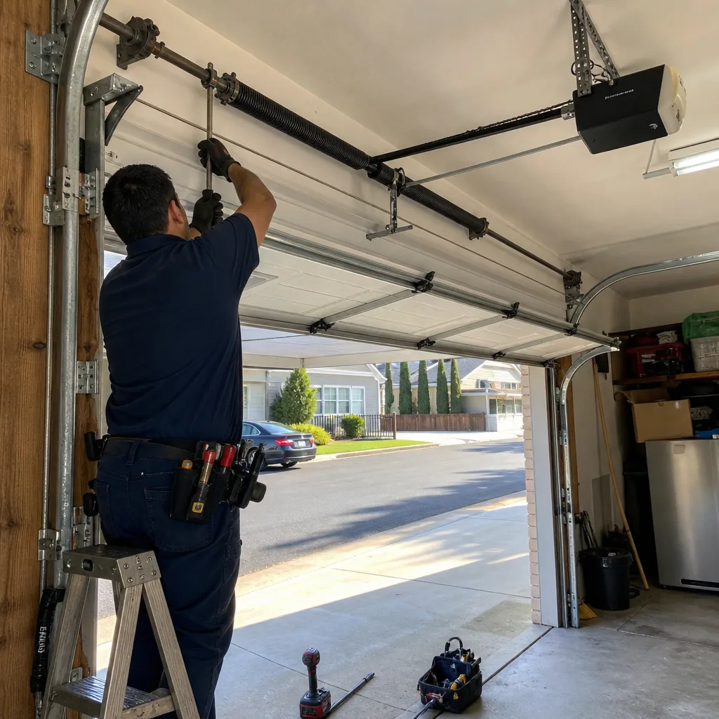 Technician performing professional garage door spring repair and maintenance