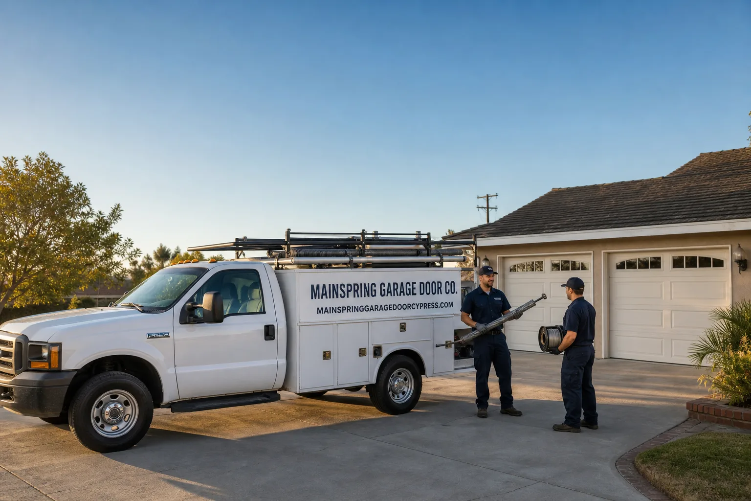 Mainspring Garage Door Co. garage door service vehicle and crew in Cypress, CA